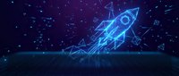 Glowing blue rocket ship with geometric wireframe design launching upward against starry space background with digital particles and light effects.