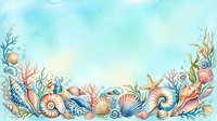 Watercolor ocean border with seashells, starfish, coral, and seaweed on soft blue background, perfect for summer cards and invitations.