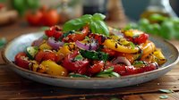 Fresh colorful bell pepper salad with red, yellow and green peppers, red onions, and herbs served on rustic ceramic plate, close up view on wooden table.