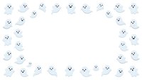 Cute ghost characters with smiling faces arranged in a border frame on white background, isolated and ready for Halloween designs, greeting cards, invitations, and seasonal decorations.