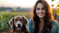Young Caucasian woman with long dark hair wearing teal lace dress smiling outdoors with brown retriever dog during golden hour sunset in countryside setting.