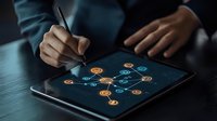 Professional drawing on digital tablet showing network connections and social media icons glowing in dark blue background with stylus pen interaction.