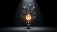 Glowing light bulb with scientific icons and symbols floating above representing innovation, creativity, research and breakthrough ideas on dark background.