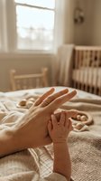 Tender moment of parent and child hands touching in warm sunlit nursery room with crib, symbolizing love, care, protection and family bonding at home.