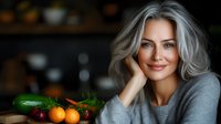 Mature Caucasian woman with silver gray hair smiling in kitchen, fresh vegetables and fruits on wooden table, healthy lifestyle and natural aging concept.