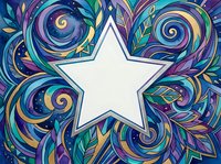 White star surrounded by colorful swirling patterns and leaves on vibrant background for creative design projects and decorative artwork applications.
