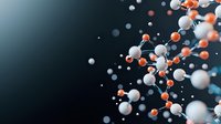 Molecular structure visualization with white and orange atoms connected in dynamic arrangement against dark background, illustrating scientific concept.