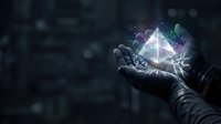 Hand holding glowing geometric pyramid with purple and green light effects against dark background. Technology and innovation concept.