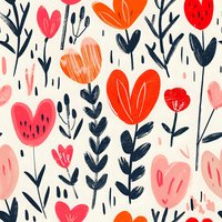 Seamless floral pattern with heart-shaped flowers in coral, red, and pink tones against cream background. Navy blue stems and leaves create modern botanical design.