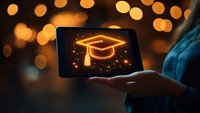Glowing graduation cap icon on digital tablet screen with bokeh lights background, symbolizing online education and academic achievement in digital era.