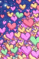 Colorful hearts floating against starry night sky background in pink, yellow, mint green and coral shades create dreamy romantic pattern for valentines designs and love themes.