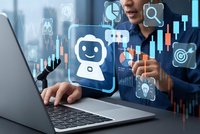 Businessman using laptop with AI chatbot interface and financial data analytics dashboard for automated trading and market analysis.