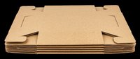 Flat cardboard shipping box with lid open, kraft paper material isolated on transparent background, ready for packaging design, print on demand, and e-commerce mockups.