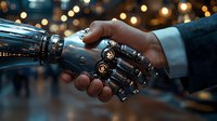 Robotic and human hands joining in handshake against blurred bokeh lights background, symbolizing cooperation between artificial intelligence and humanity in modern era.