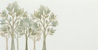 Soft watercolor trees with green and beige tones on a light background, featuring delicate foliage and a calm, natural aesthetic with copy space.