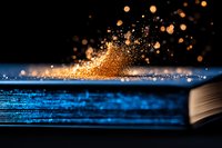 Magical glowing golden dust scattered over open book pages with dramatic blue lighting creates mystical atmosphere for fantasy and storytelling concepts.