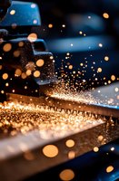 Bright sparks and glowing particles fly during industrial metal cutting process, creating dramatic contrast between orange sparks and dark blue background.