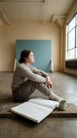Woman sitting on floor in empty studio space with sketchpad and coffee mug, contemplating creative work or design project in minimalist interior setting.