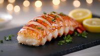 Grilled lobster tail sliced and garnished with herbs, served on black slate with fresh lemon wedges against soft bokeh lights background for restaurant menu.