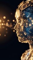 Futuristic golden humanoid head with digital binary code overlay representing artificial intelligence and machine learning technology on dark background.