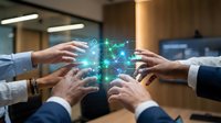 Business team collaborating with holographic digital technology interface in modern office environment for innovation and teamwork projects.