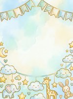 Pastel watercolor nursery background with smiling clouds, hanging bunting, stars, hearts, and cute animal outlines including elephant, giraffe, and bunny. Isolated on white with ample copy space for baby shower invitations, greeting cards, and children's designs.