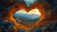Natural heart-shaped rock formation at sunset frames distant mountain landscape with warm orange glow illuminating rugged stone arch against dramatic sky.