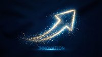 Glowing arrow pointing upward with sparkling light trail on dark blue background symbolizing growth, success, progress and innovation for business concepts.
