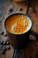 Fresh brewed espresso with golden crema in dark ceramic cup on rustic wooden table with scattered coffee beans, macro food photography.