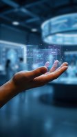 Hand holding glowing digital interface with data analytics, charts and graphs for business technology, finance and innovation concepts in modern corporate environment.