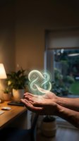 Hands presenting glowing infinity symbol in cozy home office environment representing endless possibilities and sustainable business growth concepts.
