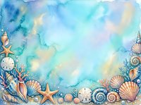 Watercolor seashells frame with starfish, sand dollars and coral elements on turquoise blue background for summer ocean themed designs and coastal decor projects.