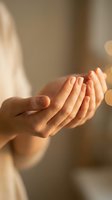 Gentle cupped hands in warm sunlight creating peaceful moment for meditation, prayer, wellness and spiritual practices with soft golden bokeh background.