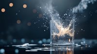 Dramatic splash of liquid in glass with droplets frozen in motion against dark background with bokeh lights, creating dynamic movement and reflection on wet surface.