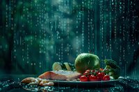 Fresh salmon fillet with vegetables and binary code rain effect in dark moody setting creates futuristic food concept for healthy eating and technology.