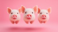 Three adorable pink piglets floating in a row against pink background, cute cartoon style characters with expressive faces and perked up ears for children design.