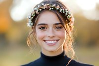 Young Caucasian woman wearing black turtleneck and delicate floral crown smiles warmly at sunset, with soft bokeh background and natural makeup look.