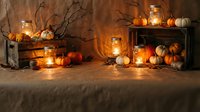 Cozy autumn harvest display with pumpkins, gourds and glowing mason jar lights arranged on rustic wooden crates creating warm seasonal home decor atmosphere.