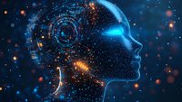 Glowing blue silhouette with digital circular elements and particles against dark background represents artificial intelligence and future technology concept.