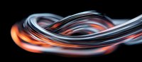 Glowing orange and silver waves create dynamic flowing lines against dark background, abstract modern art composition with light trails and smooth curves.