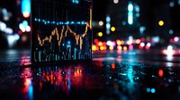 Financial market data chart glowing in neon colors against blurred city night lights and wet reflective surface, showing trading analysis and stock price movements.