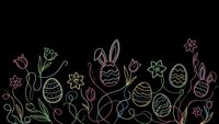 Easter bunny with decorated eggs and spring flowers in colorful line art style on black background for holiday greeting cards and seasonal designs.