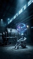 Humanoid robot sitting in abandoned industrial factory with holographic sphere and vintage machinery in atmospheric blue lighting for sci-fi concepts.