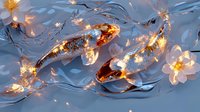 Luminous koi fish swimming among glowing lotus flowers and rippling water, creating magical atmosphere with ethereal light effects and reflections in blue tones.