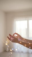 Woman's hand holding warm glowing string lights indoors near bright window, creating magical bokeh effect. Suitable for lifestyle, wellness, and holiday design projects.