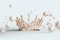 Rose gold crown with pearls and crystals on white background, elegant royal diadem with floating pearl bubbles creating dreamy atmosphere. Suitable for wedding design.