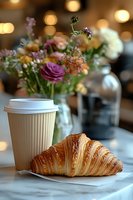 Fresh baked croissant and takeaway coffee cup on marble table with blurred floral arrangement and bokeh lights creating cozy cafe atmosphere.
