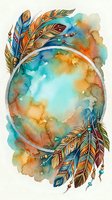 Watercolor boho frame with tribal feathers and beads in teal, orange, and gold tones, circular border with copy space for text.