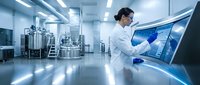 Female scientist in white lab coat analyzing data on computer screen in modern pharmaceutical manufacturing facility with steel equipment.