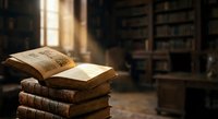 Ancient leather-bound books stacked on wooden table in old library with warm sunlight streaming through window creating atmospheric scholarly ambiance.